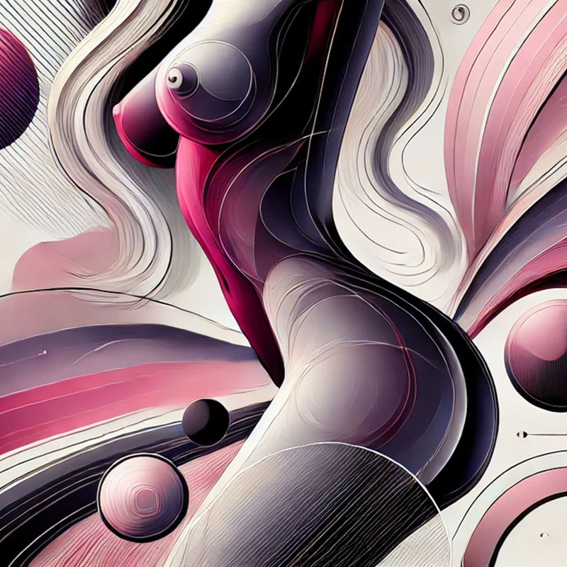 An abstract, stylized representation of a female form, with fluid lines and curves that create a sense of motion and sensuality. The artwork uses a palette of soft pinks, purples, and neutral tones, blending together to form the contours of the woman's body, including her breasts and hips. The background features swirling patterns and circular shapes that add to the dynamic and artistic composition of the piece.